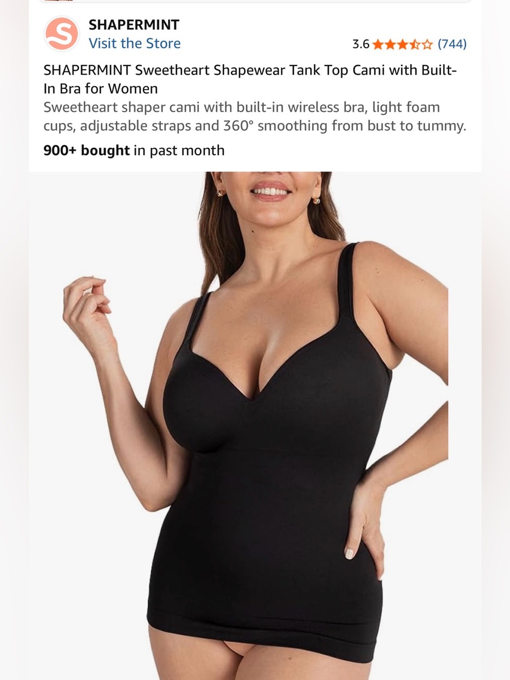 Shapermint Black Sweetheart Shapewear Tank Cami with Built-In Bra